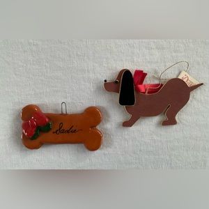 2 Vintage Dog Ornaments - MCM Dachshund and 1990's Ceramic Dog Bone w/ "Sadie"